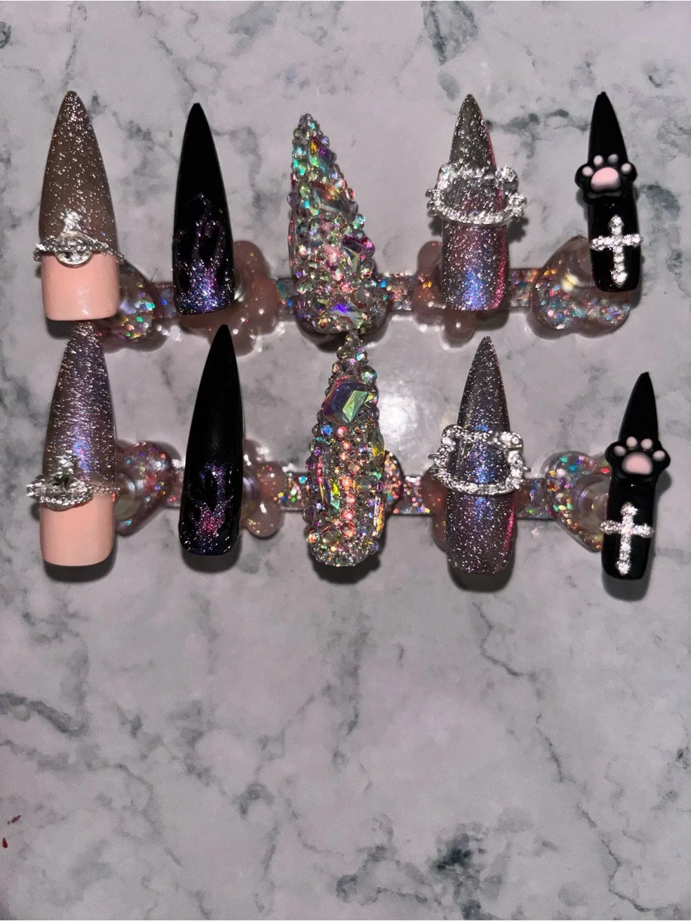 Stylish Women's Press-On Nail Set in Pink, Black & Holographic - Unbranded